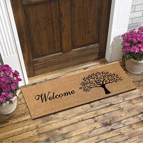 ATMAH Coir Rectangular Doormat (Tree Welcome, Natural, 120Cm X 40Cm)