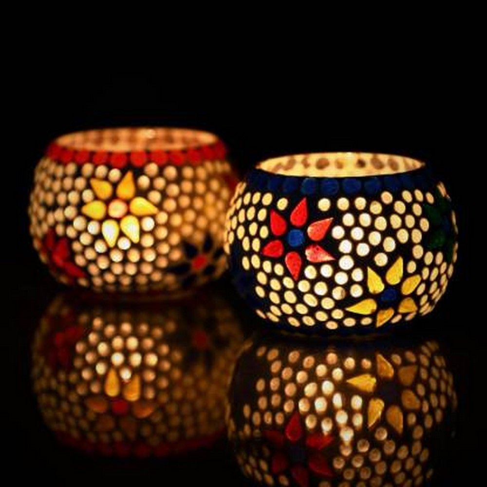 eCraftIndia Set of 2 Mosaic Glass Decorative Tea Light Holder
