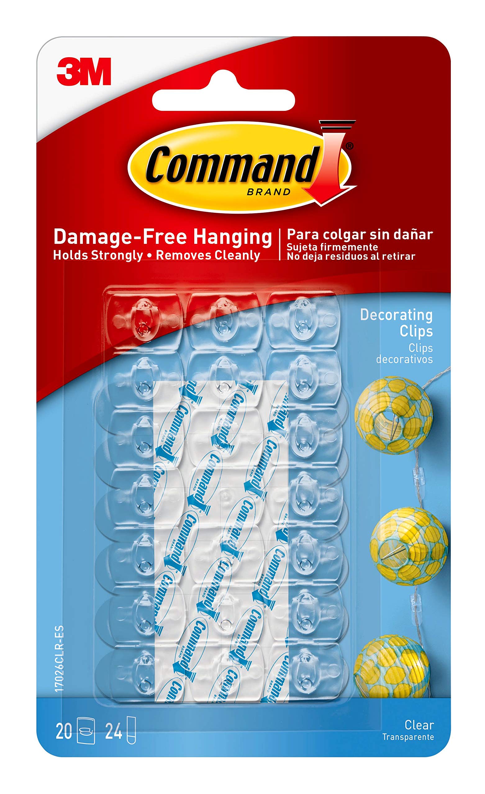 3M Command, Clear Decorating & organizing wall hooks, Holds Strongly, Reusable, Adhesive hooks for wall, Multi-surface damage free hooks for hanging (Transparent, 20 clips, 24 strips)