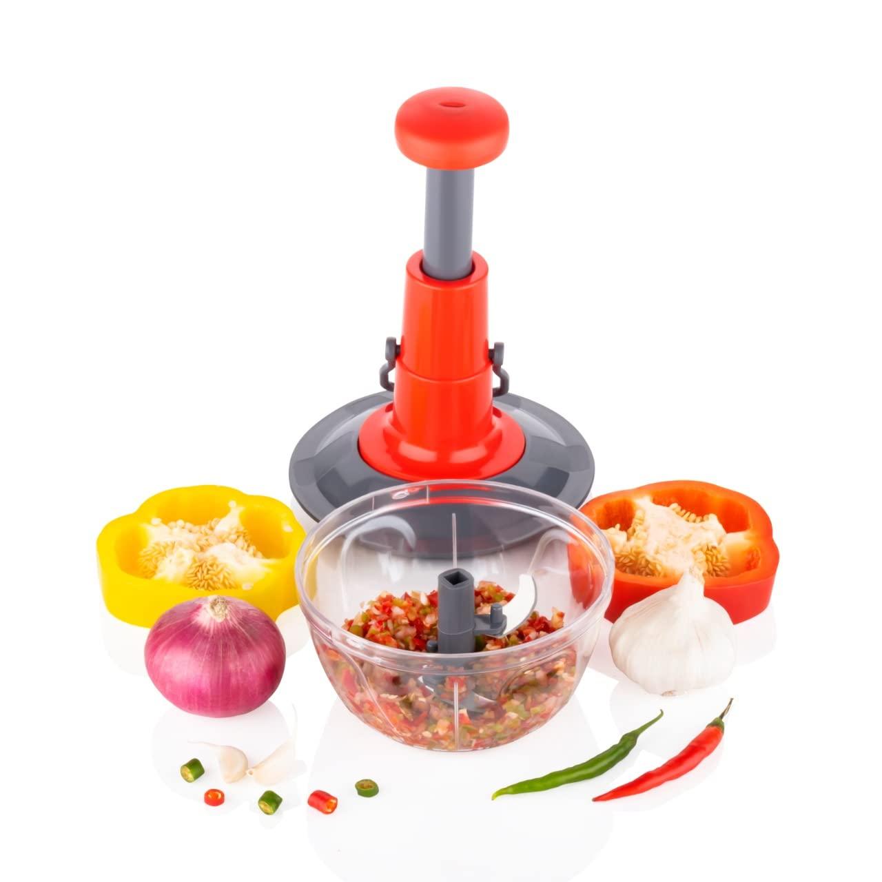 Manual Speedy Hand Press Food Chopper for Vegetables, Fruits, Nuts and More-Egg Whisk-Perfect Chopping with Easy Push and Close Button 1100 ml