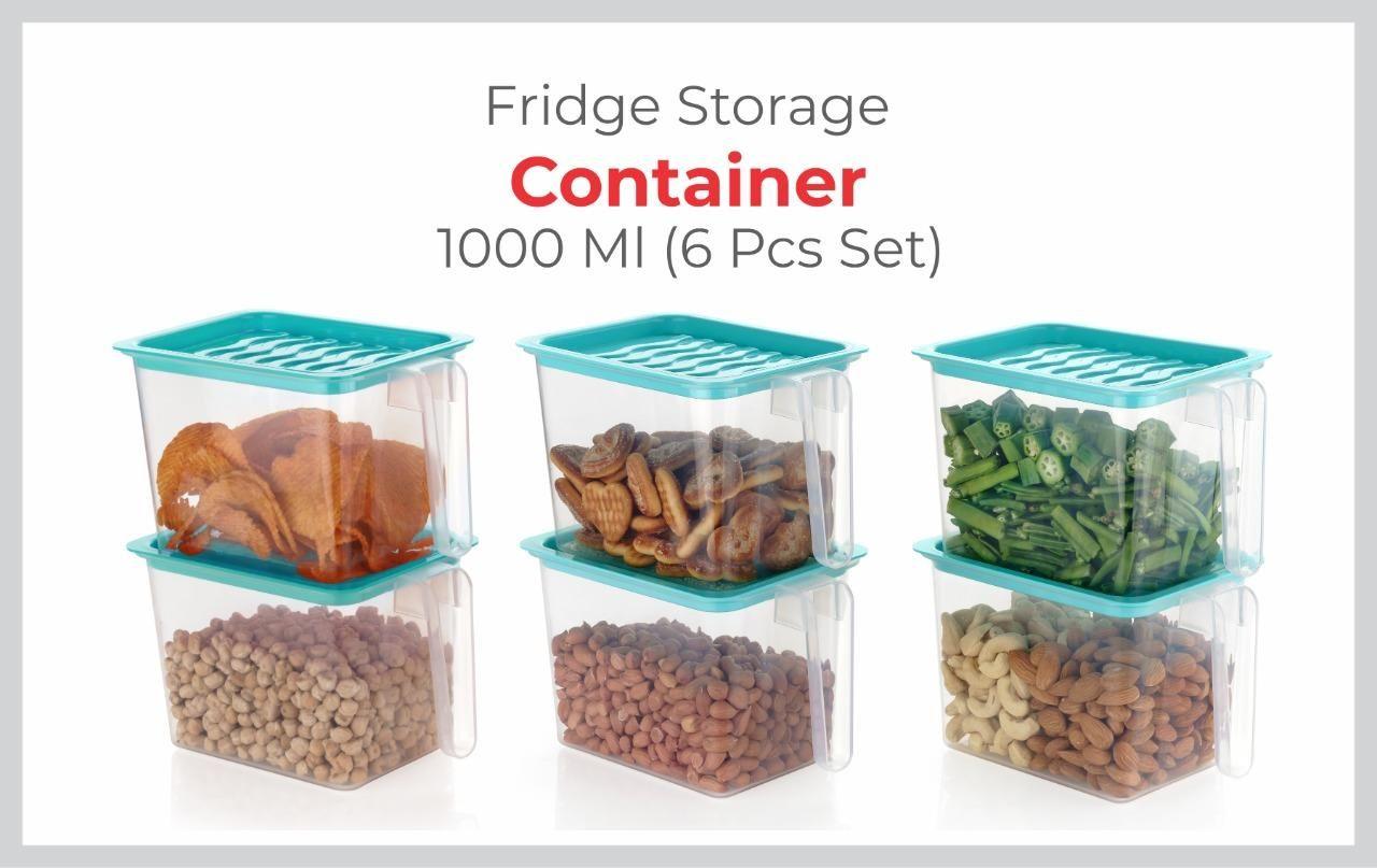 Fridge storage containers - jar Set Plastic Refrigerator Box with Handles  1000 ml (Pack of 6, Blue)